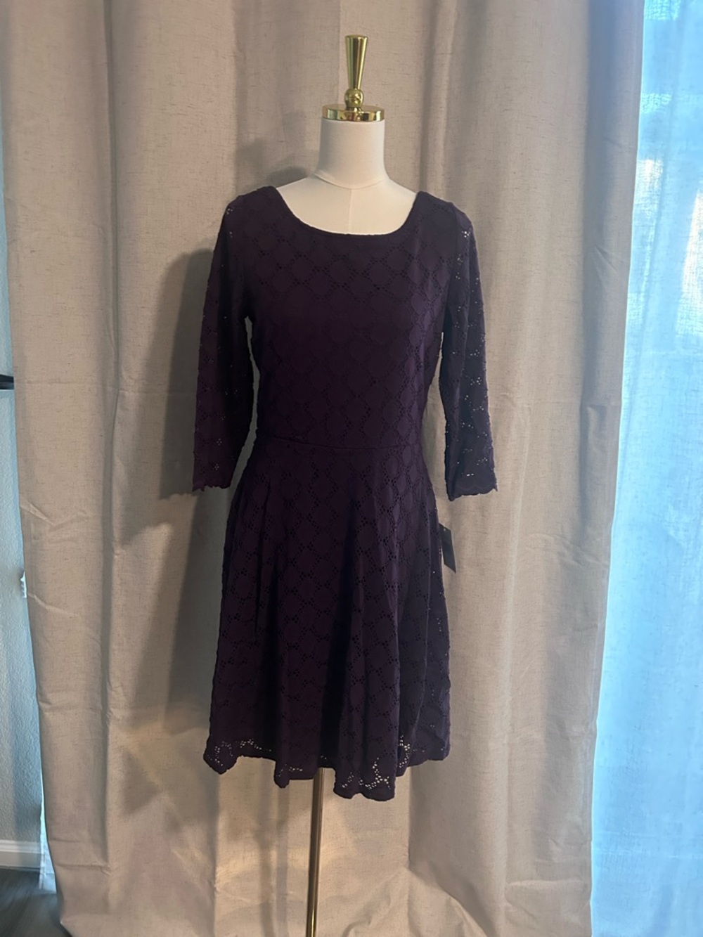 Ronni Nicole Purple Lace Fit-and-Flare Long Sleeve Dress